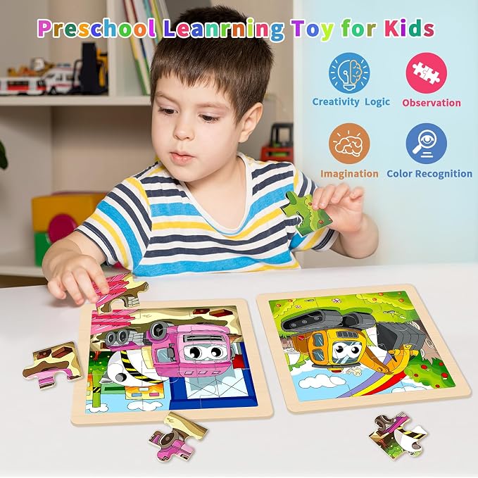 Wooden Puzzles for Toddlers 2-4, 8 Pack Vehicle Car Construction Jigsaw Puzzles for Kids Ages 3-5, 9 Pieces Puzzles for Kids Ages 4-6 Preschool Educational Toys Gift for Boys Girls