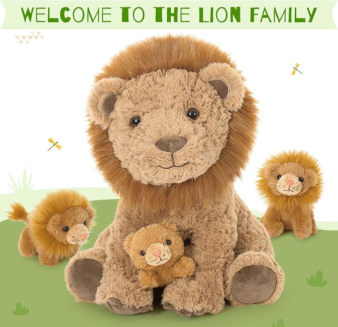 Lion Plush Toy, 17.7" Mother Lion Stuffed Animal with 3 Cute Baby Lions, 4Pcs Wild Animal Stuffed Toy for Kids Boys Girls, Safari Animal Plushies Gift for Christmas Birthday, Brown