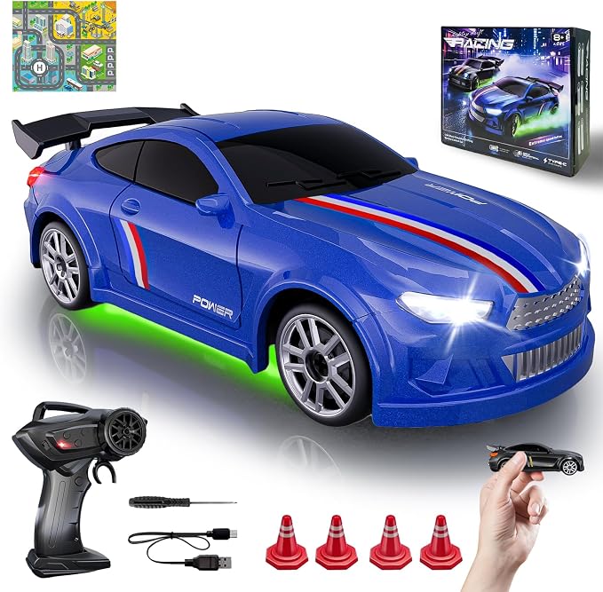 Mini RC Drift Car 1:64 Scale, Remote Control Car with LED Lights & 2-Speed Modes, 2.4GHz Stunt Drifting RC Toys with 4 Obstacles & Track Mat, Hobby Gift for Kids & Adults, Blue