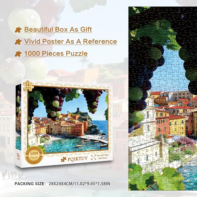 1000 Piece Jigsaw Puzzle for Adults, Summer Sea of Glass Puzzles | Italian Riviera Coastal Village with Grapes, Mediterranean Landscape Wall Decor & Travel Lover Gift, 27.56 x 19.7 Inches