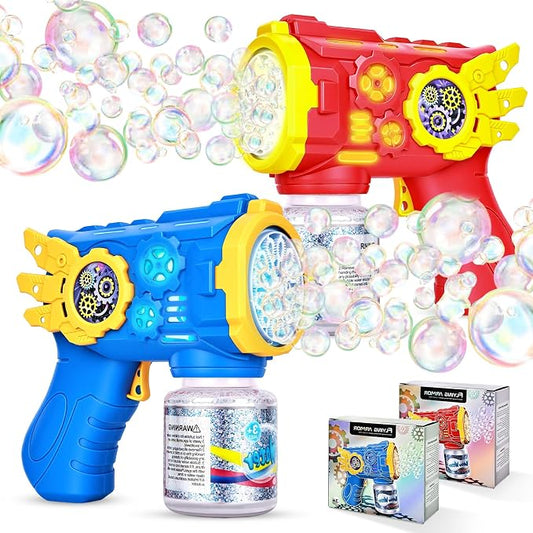 Bubble Gun, Automatic Bubble Machine for Kids with Lights, 2 Pack | 2-pack red and blue bubble guns with lights and leak-resistant bottles for ages 3+, outdoor parties and backyard play.