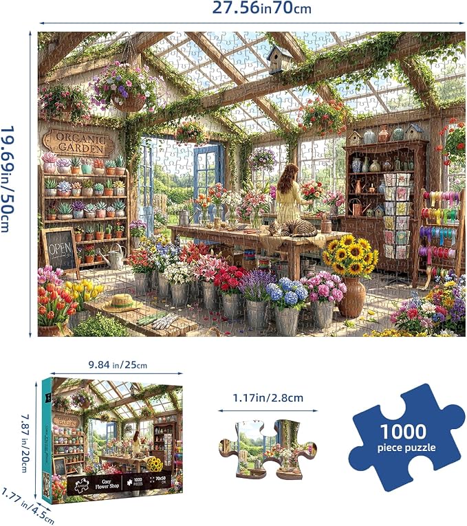 Cozy Flower Shop Puzzles for Adults 1000 Pieces,Challenging Jigsaw Puzzles for Adults,Difficult Impossible Puzzle for Family Game Night,Puzzle with Letters on Back,Recycled Paper Jigsaw Puzzle