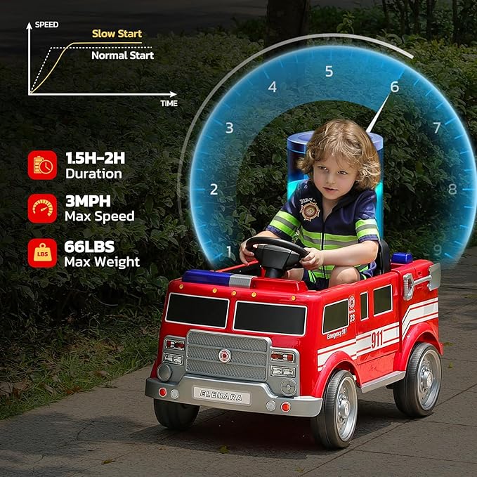 ELEMARA 12V Ride on Fire Truck, Battery Powered Toddler Electric Vehicle w/Parent Remote Control,Ride on Car for Kids,Siren-Call,walkie-talkies, Flashing Lights,Fire Extinguishers, Bluetooth,Music,UBS