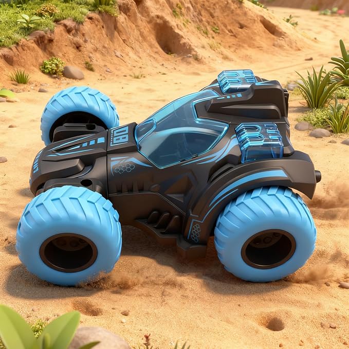Friction Powered Flip Stunt Car, Push and Go Toy Car with 360° Upright Spin, Dual-Sided Rotating Off-Road Vehicle, No Batteries Required, Toy Car for Boys & Girls Ages 3 (Blue)