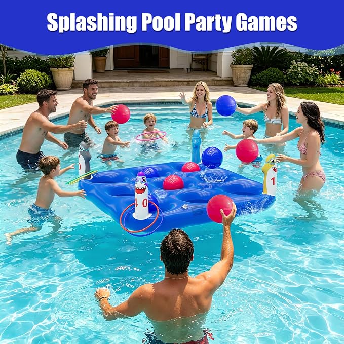 Shark Pool Toys Games Set, 2-in-1 Giant Inflatable Tic Tac Toe Float Game & Ring Toss Game with 10 Balls & 6 Rings, Outdoor Summer Fun Beach Yard Swimming Pool Games for Adults Teens Kids 6+