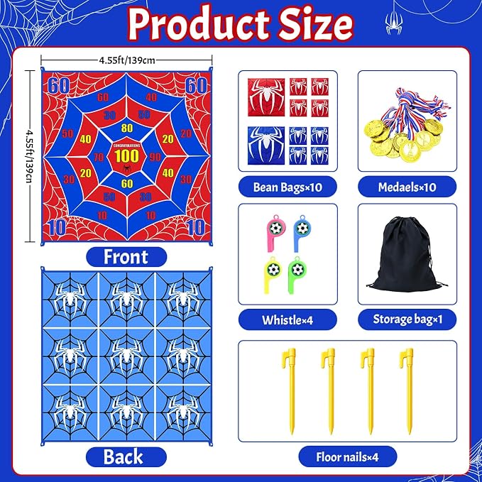 2-in-1 Giant Tic Tac Toe Game Bean Bag Toss Outdoor Games, 4.5FT Spider Tic Tac Toe Game with 10 Pcs Bean Bags, Outside Games for Adults and Family Lawn Yard Carnival Field Day Camping Party