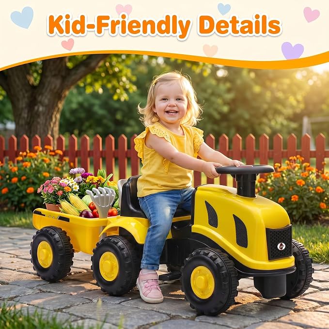 Kids Ride on Tractor, 2 in 1 Foot to Floor Push Car w/Detachable Trailer, Horn, Rake & Shovel, No Power Sliding Toy Gift for Toddlers, Outdoor Ride on Construction Vehicle (Yellow)