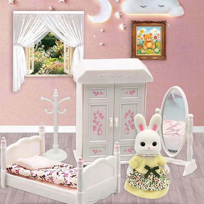 Dollhouse Bedroom Furniture Accessories Suitcase Set for Kids, Miniature Bed Wardrobe Dressing Mirror Piano Chair Table & 4 Flexible Dolls, Pretend Play Toy for Girls Ages 3+ (Girls' Bedroom)