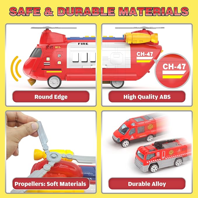 Toddler Airplane Toys w/ 7 Alloy Fire Truck Toys/Helicopter, 1 City Play Mat, 12 Road Signs, Airplane Launcher Toys with Lights & Sounds, Auto Spin Propellers, Toy Cars Ejection, Gift for Kids Age 3+