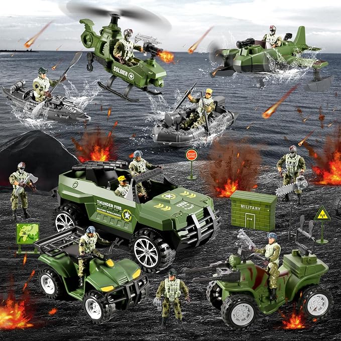 78-in-1 Army Men Toys Sets with Realistic Military Truck/Helicopter/Kayak Boat/Motorcycle/Army Men Action Figures/Weapon Gears, Army Toys Gift for Boys Kids 4-7 6-8 8-14 Fun Birthday Party Favors