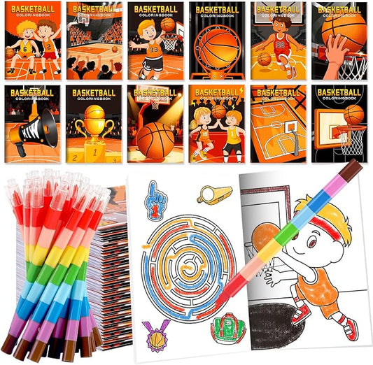 BenLouis 12 Basketball Mini Coloring Books Kids with 12 Stacking Crayons Basketball Party Favors Small Activity Books Bulk for Kids Sports Party Gift Goodie Bag Stuffers