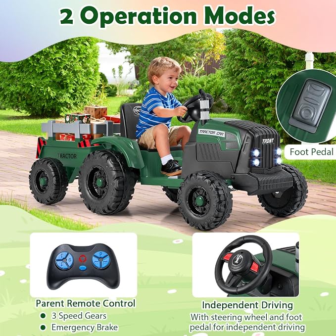 Costzon 24V Ride on Tractor with Detachable Trailer, Kids' Electric Vehicles with 3 Speeds, 15° Climbing, Wireless Design, Horn & Music, Remote Control Tractor Toy for Kids 3+,Gift (24V, Deep Green)