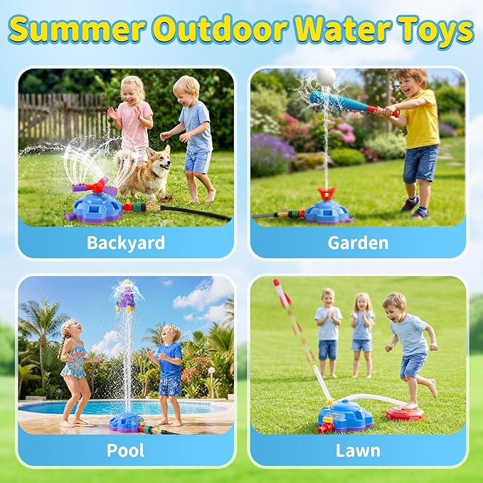 4-in-1 Sprinkler Toys for Kids Ages 4-8, Water Baseball, Rotating Water Spray, and Rocket Launcher for Toddlers, Backyard, Garden, Lawn, and Pool Outdoor Play in Summer for Boys and Girls Ages 3-5.