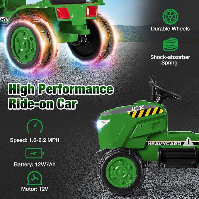 Costzon 2-in-1 Ride on Tractor, 12V Kids Ride on Car w/Detachable Trailer, Remote Control, Wireless Connection, Horn, Music/Lights/Spring Suspensions, Tractor Toys for Kids (Plastic Tires, Dark Green)