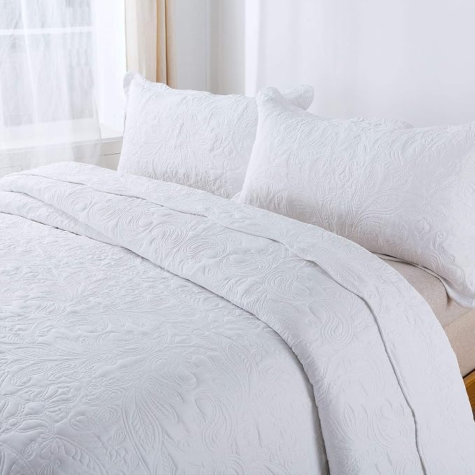 HoneiLife Quilt Set Queen Size - 3 Piece Embroidered Microfiber Bedspread Reversible Coverlet Lightweight Bedcover Paisley Pattern Bedding Set All Season Quilts-White