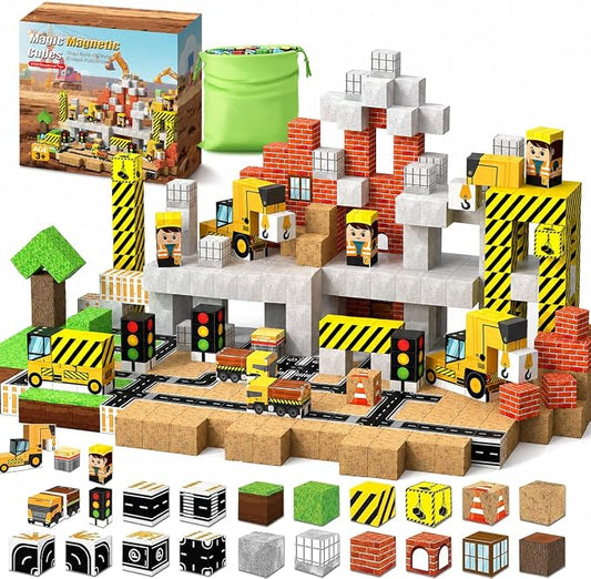 Magnetic Blocks 100PCS Construction Site Set - Build Mine Crane & Truck Magnetic Cubes, STEM Montessori Sensory Toys for Kids 3+, Educational Magnetic Tiles Gifts for Girls & Boys