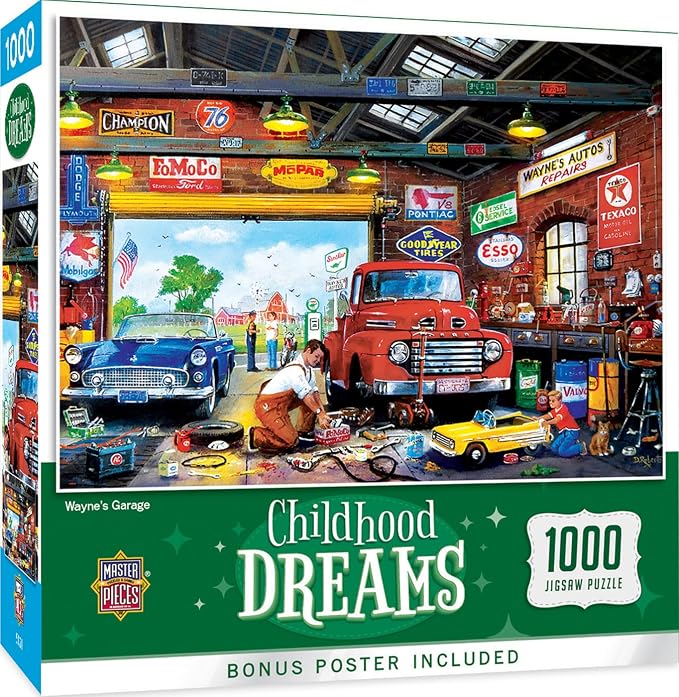 MasterPieces - 1000 Piece Jigsaw Puzzle, Wayne’s Garage, Fun for Adults, Family, Kids, Matte Finish, 19.25" x 26.75"
