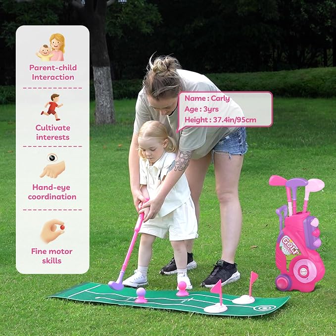 Liberry Toddler Golf Set for 2 3 4 Years Old Girls Boys, Upgraded Kids Golf Clubs Set with Golf Cart, Putting Mat, Outdoor Indoor Sports Toy Birthday Gift, Pink