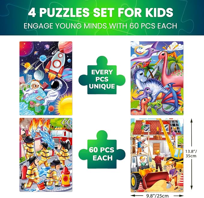 QUOKKA Puzzles for Kids Ages 4-6 - Set 4x60 Pieces Jigsaw Puzzles for Toddlers 3-5 - Space, Dino, Firefighters Toys for Children 6-8 yo - Gift Educational Game for Boys & Girls