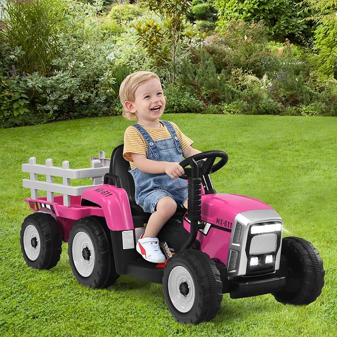 Costzon Ride on Tractor with Detachable Trailer, Kids' Electric Vehicles w/3-Gear-Shift Ground Loader, Wireless Design & USB, 7 LED Headlights, Remote Control Tractor Toy for Kids 3+ (12V, Pink)