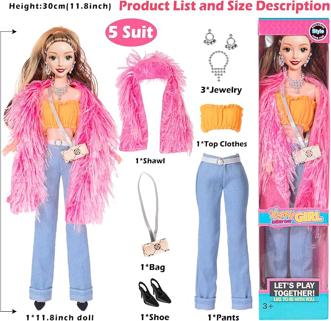 ebuddy 6 Pack 11.5 Inch Fashion Dolls Set - 6 Stylish White Skin Dolls with Unique Outfits & Accessories