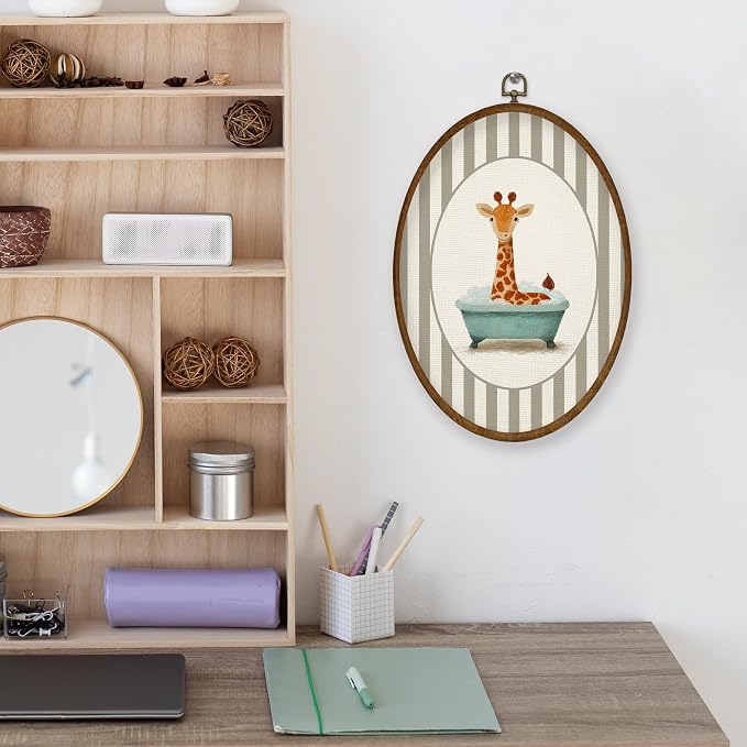 WULQYING Funny Giraffe Kids Bathroom Wall Art Decor, Kids Oval Framed Canvas Art Prints, Whimsical Neutral Striped Giraffe in Bathtub Wall Hanging Decor for Kids Bathroom Washroom, 8.5x11.4 Inches