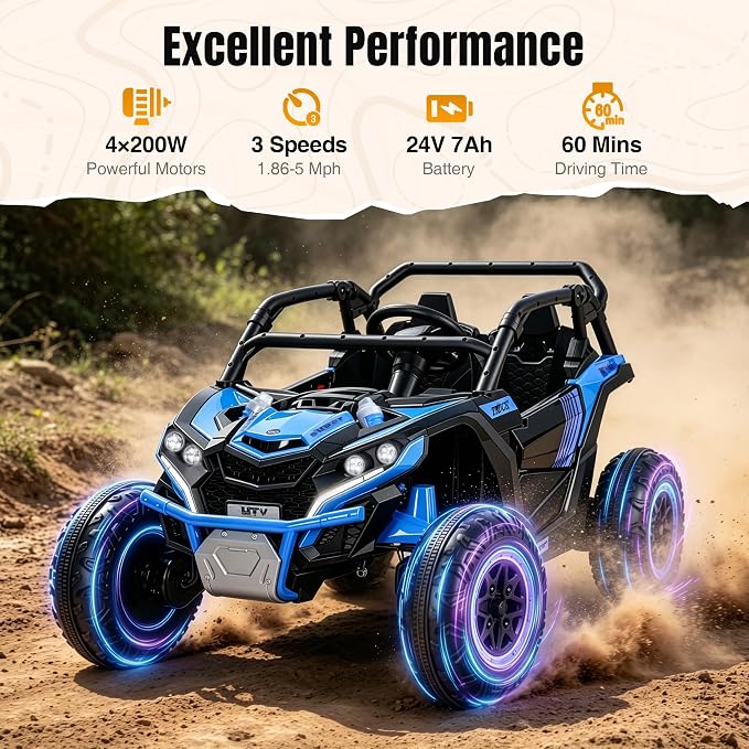 Firstness 24V Ride on Toys 800W Electric Remote Control Ride on Cars for Kids 2-Seater Riding Cars for Kids Ages 3-8, 3 Speed Mode, Music, LED Light, Off-Road UTV Ride on Truck for Boys & Girls, Blue