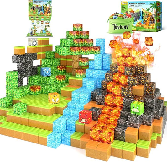 Dinosaur Toys Magnetic Blocks-Build Mine Magnet World Volcano Edition Kids Toy for 3+ Year Old Boys and Girls Building Blocks Toddler Toys Games Through Jurassic Learning Sensory Toy Gifts