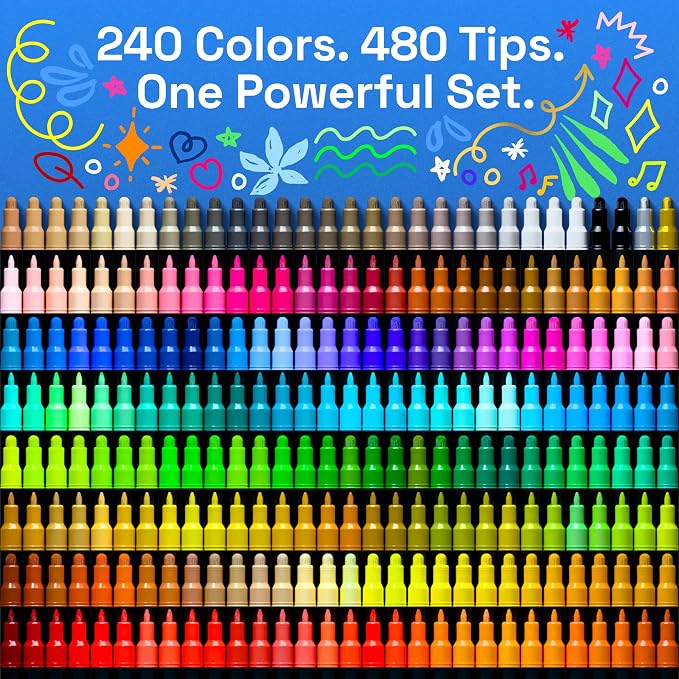 ARTISTRO 240 Precision Dual-Tip Acrylic Paint Markers – Paint Pens Set with Dot & Fine Tips for Fabric, Rock, Glass, Wood, Coloring Books – Arts & Crafts Gift – Classroom Must Haves & School Supplies