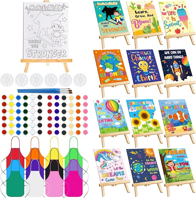 Ireer 12 Set Paint Party Set 8 x 10 Sip and Paint Kit Include 12 Printed Pre Drawn Canvas Panel, Wooden Easels, Palettes, Pots, Apron 36 Brushes for Adult Art DIY Party(Inspirational)
