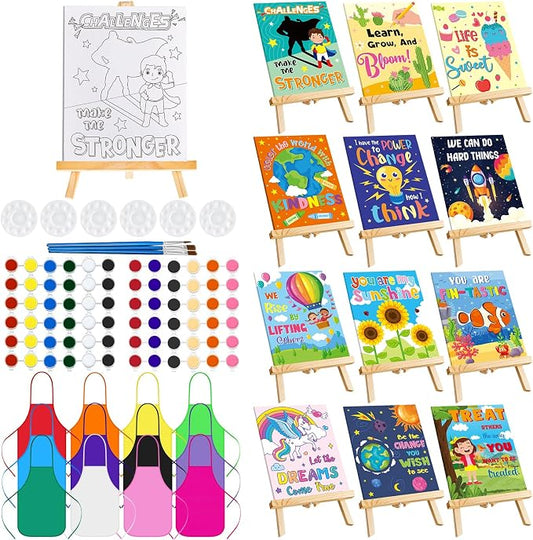 Ireer 12 Set Paint Party Set 8 x 10 Sip and Paint Kit Include 12 Printed Pre Drawn Canvas Panel, Wooden Easels, Palettes, Pots, Apron 36 Brushes for Adult Art DIY Party(Inspirational)