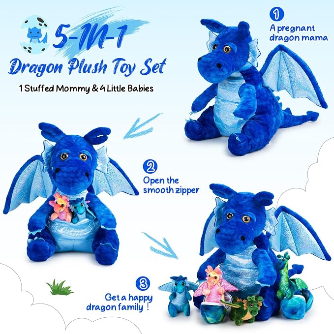Arrowbash 7 Pcs Dragon Family Plush Toys Gift Set 15.75'' Large Mommy Dragon Stuffed Animal with 4 Baby Dragons and 2 Eggs Soft Glitter Blue Plush Get Well Gift for Birthday Christmas Holiday Playtime