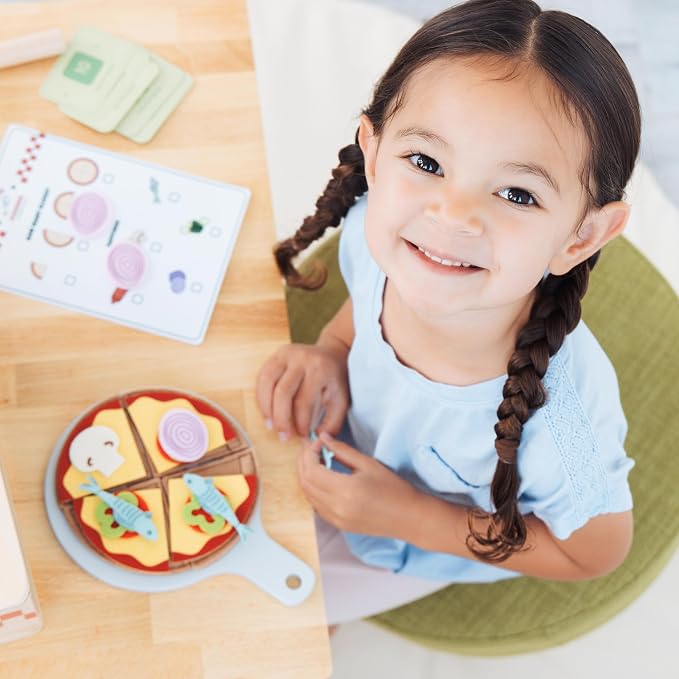 Pearhead Wooden Pizzeria Montessori Pretend Play Food Set, 38-Piece Play Kitchen Accessories, (38 Pcs) Toy Pizza Oven with Pizza Toppings Food Set, Preschool Toys for Toddlers, Ages 3+ Years