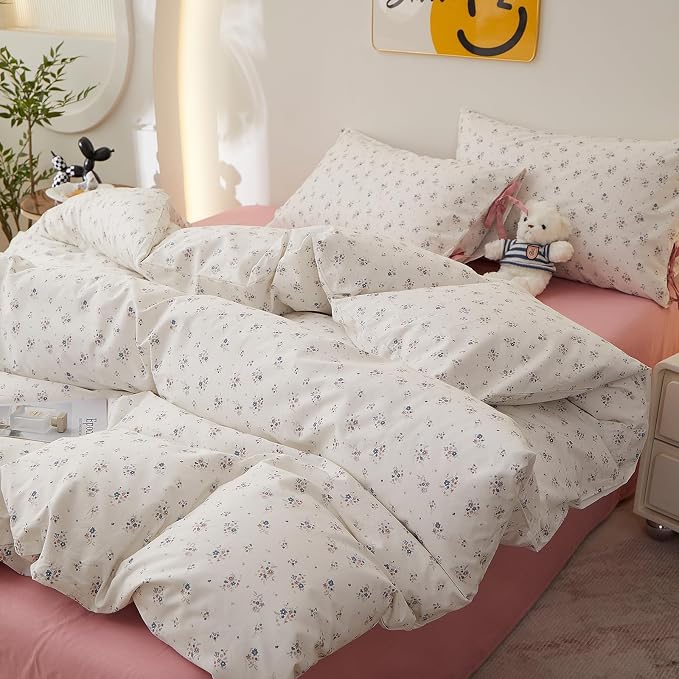 LifeTB Vintage Floral Comforter Queen Comforter Set, Aesthetic Botanical Flowers Pattern Lightweight Comforter Set for All Seasons, Farmhouse Cottagecore Bedding Comforter with 2 Bowknot Pillowcases