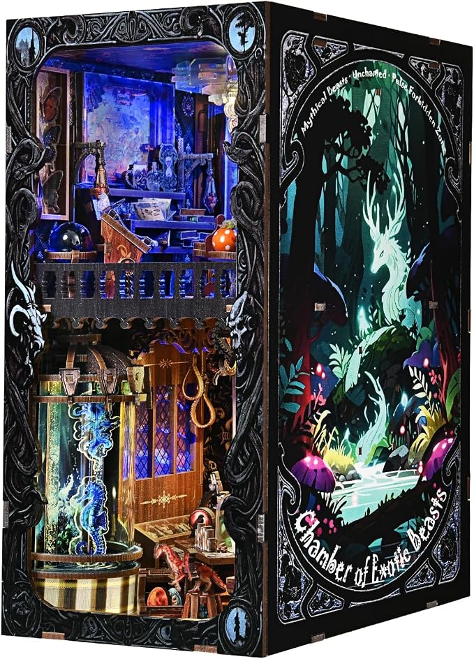 Book Nook DIY Kit,Mysterious Creature Diorama 3D Wooden Puzzle with LED,Bookend Bookshelf Decoration,Miniature Doll House for Home Decor,Chamber of Stranger Beasts