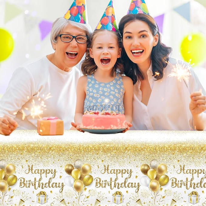 Happy Birthday Tablecloths - Gold & White Party Decorations, 3pcs Disposable Table Covers for Indoor/Outdoor Birthdays