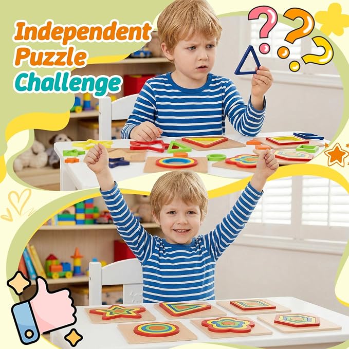 Toddler Puzzles Montessori Toy Wooden Shape Sorting Puzzle Sensory Toy Toddler Activities Preschool Learning Educational Autistic Developmental 1 2 3 Year Old Girl Boy 1-3 Dementia Game Easter Gift