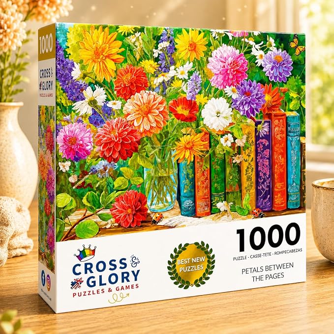 Cross & Glory | 1000 Piece Jigsaw Puzzles for Adults | Petals Between the Pages | Vintage Books & Floral Botanical Flower Puzzle | Satin Finish Flower Puzzles for Adults 1000 Pieces | Ages 14+