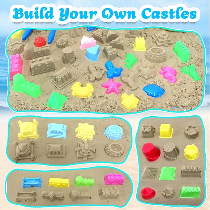 Collapsible Beach Toys for Kids, 38Pcs Sand Toys, 3 Foldable Buckets and Shovels Set with Mesh Bag，Sand Castle Building Kit, Travel Sandbox Toys, Beach Essentials for Kids Toddlers Boys Girls Age 3-10