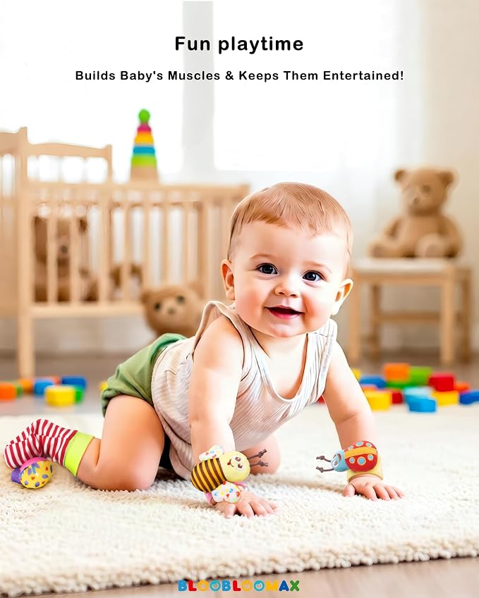 Bloobloomax Baby Rattles Toys for 0-12 Month, Infant Girl Boy Toys for Babies 3-6 Months, Newborn Hand & Foot Toys for 0 to 9 Months, Baby Shower Gifts Set with Wrist Rattle Socks (Pink-8PCS)