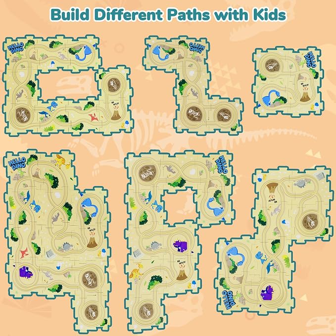 YOOYID Puzzle Racer Kids Car Track Set with 2 Dino Cars, Kids Toys Boys 3-5, Toys for 3 4 5 6 Year Old Boys, Toys for Ages 3-4, Car Tracks for Toddlers, Montessori Toys for 3+ Year Old