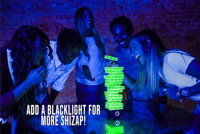 ShiZap! - Electric Shock Stacking Block Game, Plastic Tumble Tower Blocks, Shocking Tweezers, LED Base That Plays Suspenseful Music, Family Fun Party Games for Teenage Boys, Girls, Adults