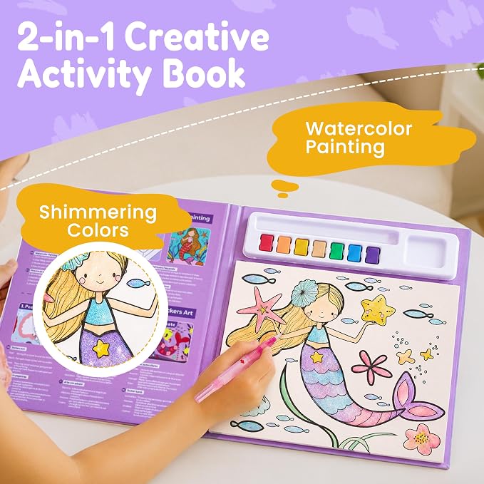 JoyCat Paint with Water Coloring Books & Creative Sticker(Ocean Princess) | Watercolor & Sticker Activity - 200 Pcs Stickers for Kids, Toddler Painting Set, Art & Craft Travel Toy Gifts for Boys Girls