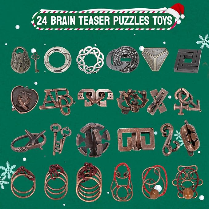 Advent Calendar 2025, Christmas Countdown Calendar Gift Box with 24 Brain Teaser Puzzles, 24 Days Metal Difficult Magic Brain Teaser Puzzles Xmas Countdown Calendar Challenge for Adults Teens
