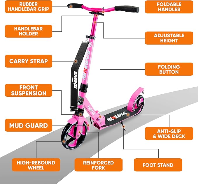 Hurtle Renegade Kick Scooter for Kids, Teenagers & Adults - 2-Wheel Folding Scooter with Adjustable T-Bar Handlebar - Alloy Anti-Slip Deck
