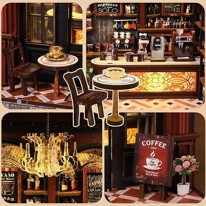 DIY Book Nook Kit, 3D Wooden Puzzle Miniature House with LED Light, Dollhouse Bookshelf Insert, Tiny House Model Building Kit, Unique Creative Gift for Adults and Teens (Warmglow Coffee)
