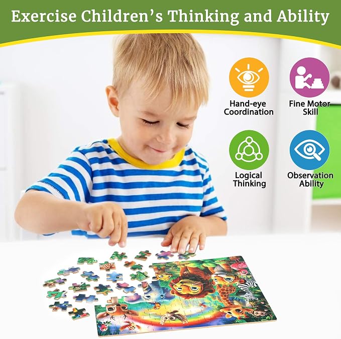 MZZOTOY Jungle Animals Puzzles for Kids Ages 4-8, 100 Pieces Jigsaw Puzzles for Kids Ages 3-5 Puzzle for Girls and Boys Learning Educational Puzzles Toys in a Metal Box ﻿