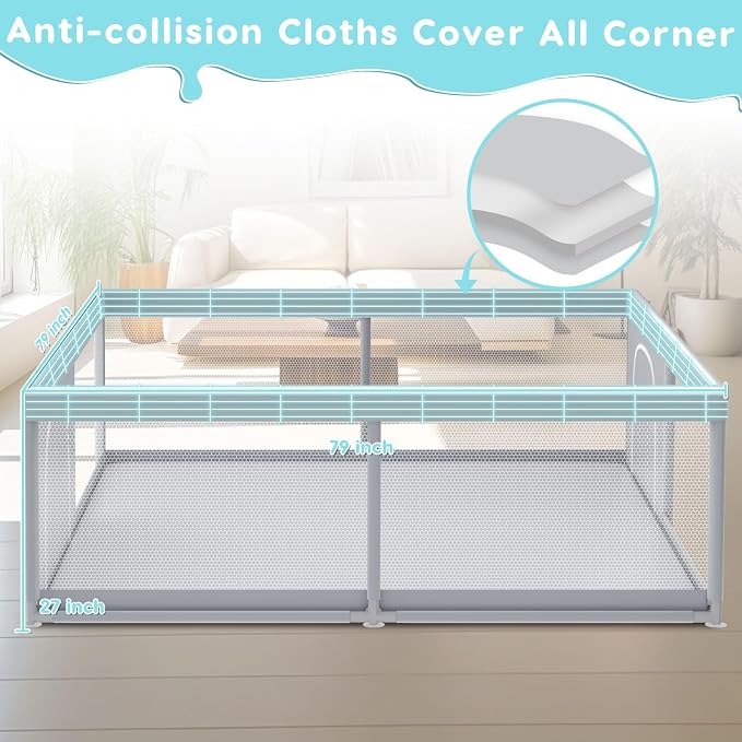 Fshibila 79" ×79" Extra Large Baby Playpen, Baby Playard for Babies and Toddlers, BabyFence Play Pens for Indoor & Outdoor, Sturdy Safety Play Yard with Soft Breathable Mesh, Anti-Fall, Grey