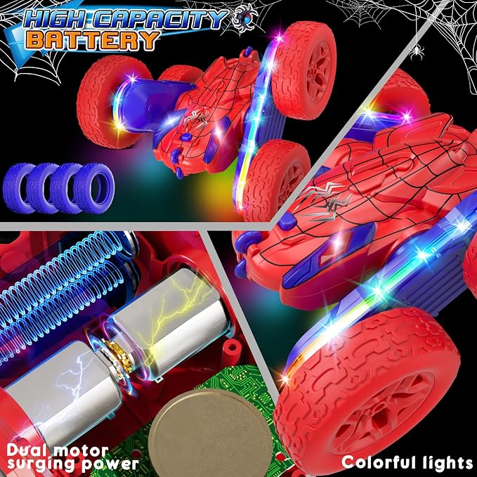 Jimdella Spider RC Cars Toys for Boys 4-6, 2.4GHz Remote Control Car with 26 LED Light System, 360° Flips, Changeable Wheels, Rechargeable All-Terrain Truck Gift for Kids Ages 4-8