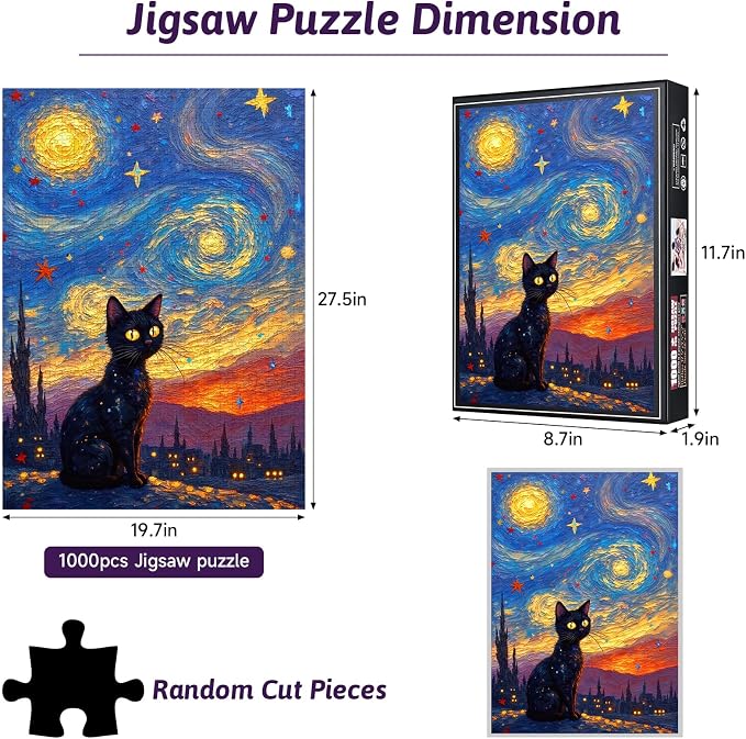 Cat Puzzle 1000 Pieces - Starry Night Cat Jigsaw Puzzle Adults, Challenging Brain Teaser for Adults & Families, Animal Puzzles 1000 Piece, Ideal DIY Decor Family Night Game